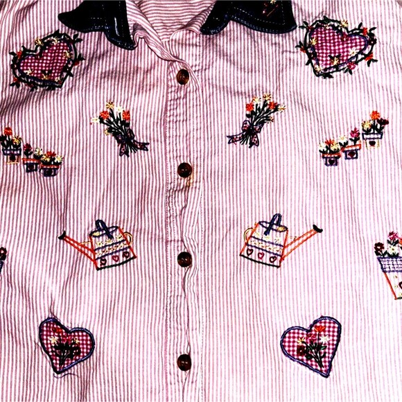 Vintage Women's Bobbie Brooks Floral Embroidered Shirt Denim Collar Large Pink - Picture 4 of 5